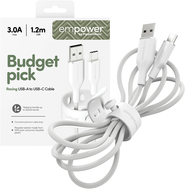 Kabel Panzer Glass Empower by Racing USB-A - USB-C 3.0 60W 1.2 m White (EM30290) - obraz 4