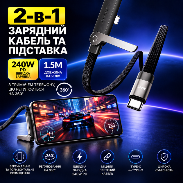 Зарядний кабель Type-C – Type-C 240 Вт 2-в-1 зі складною підставкою для телефону, 1,5 м, чорний - зображення 5