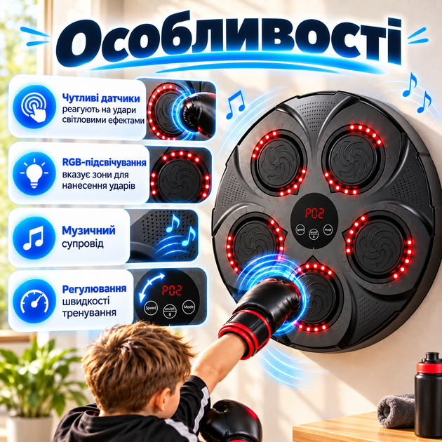 Настенный музыкальный тренажер для бокса 35×35 см 5 Вт с RGB-подсветкой, 9 режимов - изображение 3