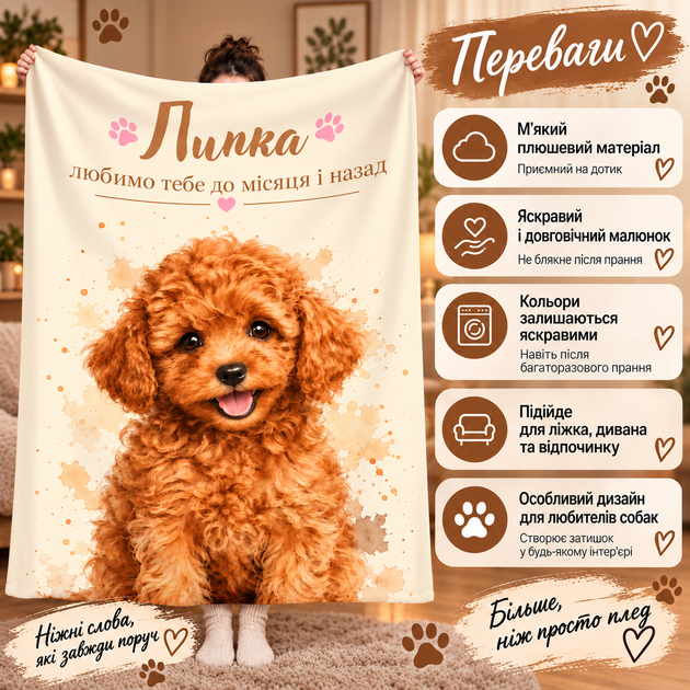 Плед с портретом собаки по фото и именем питомца, именной фотоплед на заказ 135×160 см - изображение 2