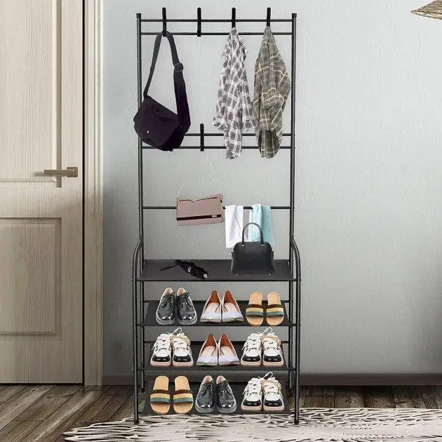 Стійка-вішалка Clothes Rack чорна метал, 4 полиці, довжина 60 см, ширина 26 см, висота 155 см - Фото 3 Стійка-вішалка Clothes Rack чорна метал, 4 полиці, довжина 60 см, ширина 26 см, висота 155 см - изображение 3