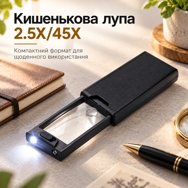 Кишенькова лупа 2.5X/45X з LED та UV-підсвічуванням - зображення 5