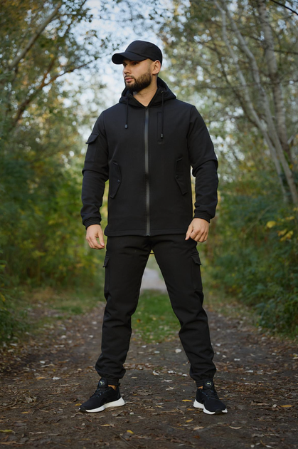 Чоловічий утеплений чорний костюм Softshell на флісі куртка та штани для повсякденного носіння 2XL - Фото 1 Чоловічий утеплений чорний костюм Softshell на флісі куртка та штани для повсякденного носіння 2XL - зображення 1