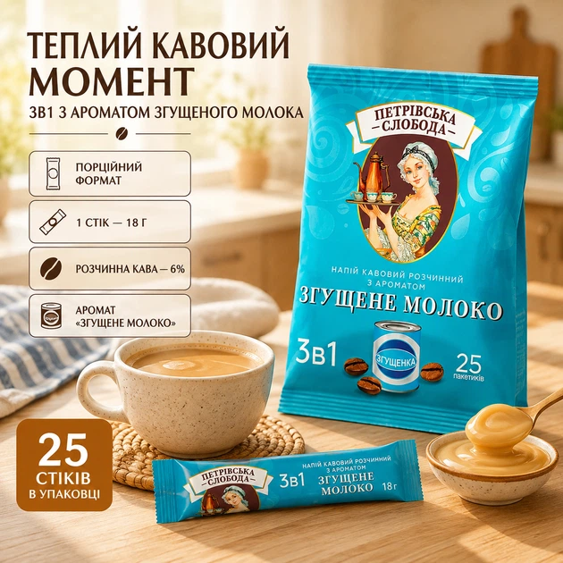 Кофейный напиток 3в1 Петровская Слобода со сгущенным молоком 25 стиков по 18 г растворимый порошковый кофе 6% с сахаром заменителем сливок порционный - изображение 4
