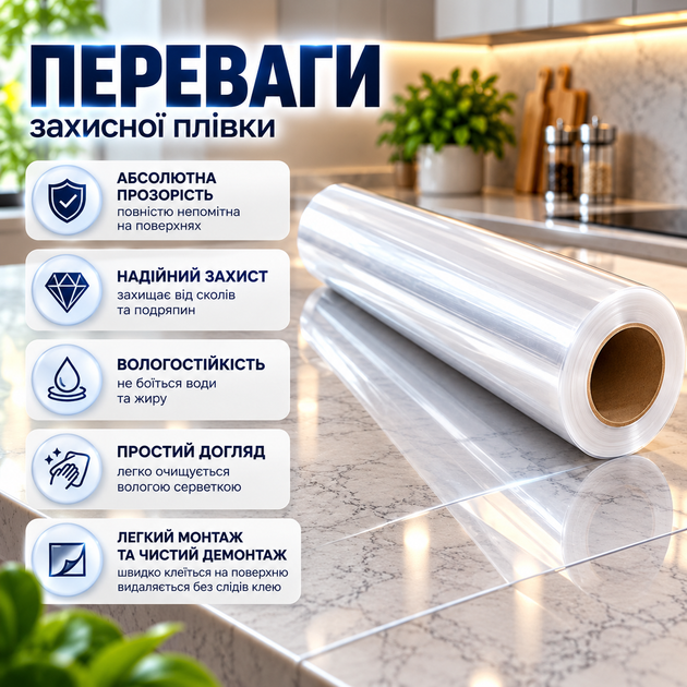 Прозора самоклейна захисна плівка для кухні 3м×60см для меблів стін кухонних поверхонь побутової техніки вологостійка від жиру бризок плям бруду подряпин - зображення 3