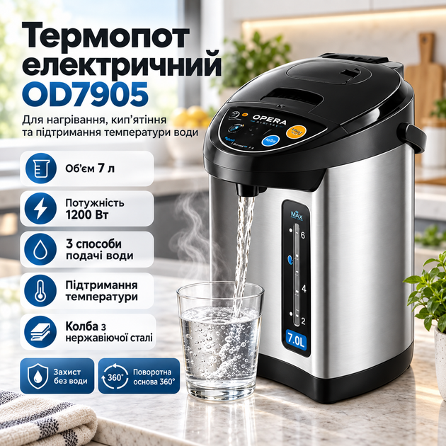 Термопот OD7905 7 л серебристый электрический чайник-термос с поддержанием температуры - Фото 1 Термопот OD7905 7 л серебристый электрический чайник-термос с поддержанием температуры - изображение 1