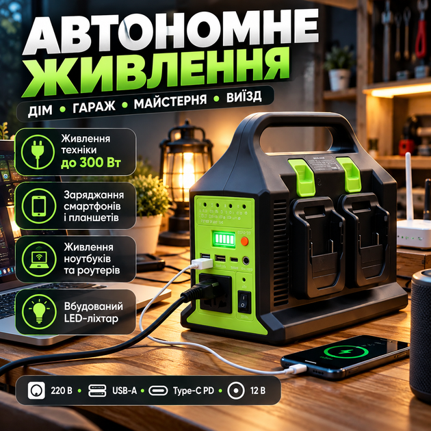Перетворювач напруги LXT 300 Вт 12–220 В для акумуляторів 18 В з USB PD розеткою та LED-ліхтарем - зображення 3