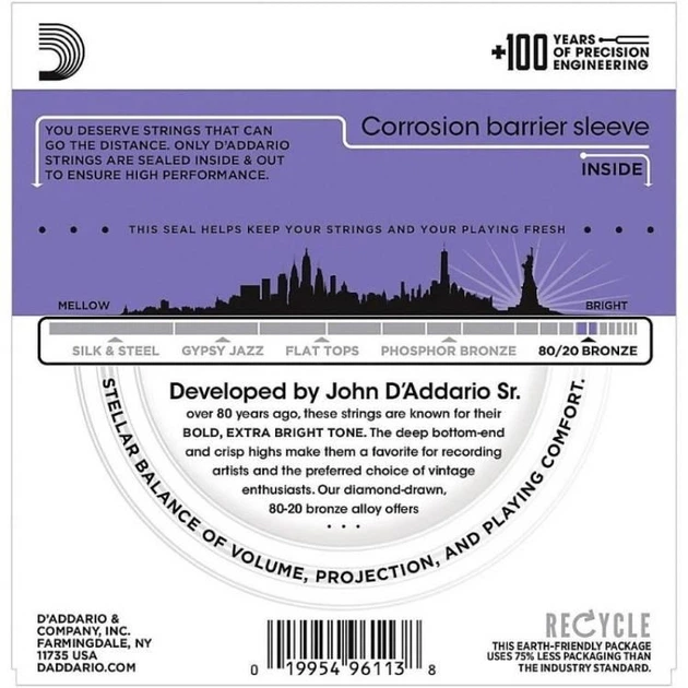 Струни для акустичної гітари D'Addario EJ13 80/20 Bronze Custom Light Acoustic Guitar Strings 11/52 - зображення 2