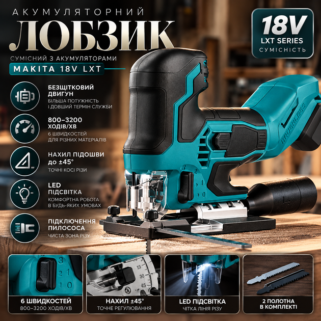 Акумуляторний лобзик 18 В для Makita, безщітковий, 800–3200 ход/хв, 6 швидкостей, ±45°, LED, 2 полотна - зображення 3