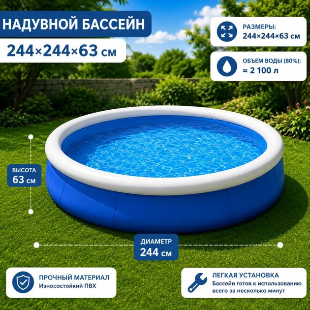 Великий круглий надувний басейн BS-10 244 × 63 см з м'якими бортами для купання дітей і дорослих, синій переносний сімейний басейн із ПВХ - зображення 4