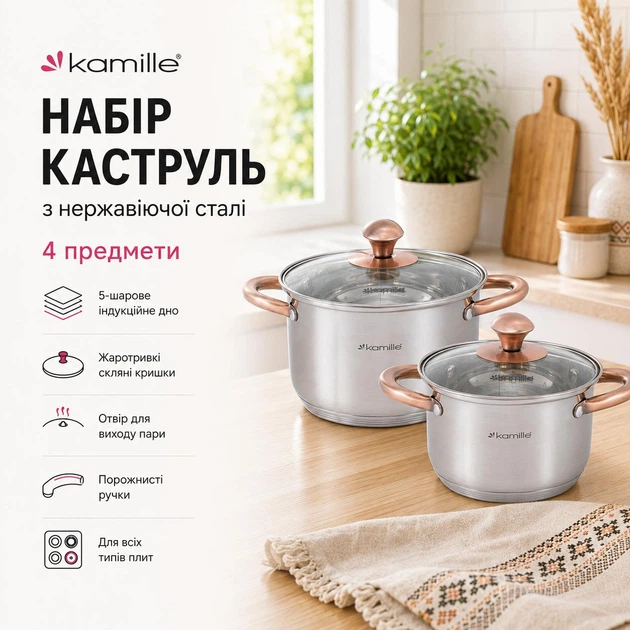 Набор кастрюль Kamille из нержавеющей стали 4 предмета (1.5 л, 3.0 л) для индукционных и газовых плит KM-4935 - изображение 8