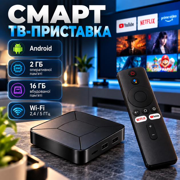 Смарт ТВ-приставка I96Z8 Android TV 2/16 ГБ Wi-Fi 2.4/5 ГГц з пультом дистанційного керування - Фото 1 Смарт ТВ-приставка I96Z8 Android TV 2/16 ГБ Wi-Fi 2.4/5 ГГц з пультом дистанційного керування - зображення 1