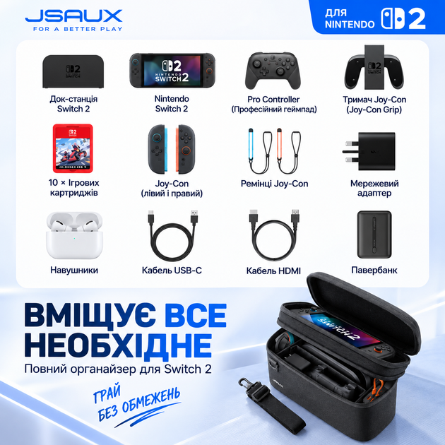 Оригинальный кейс JSAUX BG0121 All-in-One для Nintendo Switch 2, сумка для консоли, док станции и аксессуаров - Фото 4 Оригинальный кейс JSAUX BG0121 All-in-One для Nintendo Switch 2, сумка для консоли, док станции и аксессуаров - изображение 4