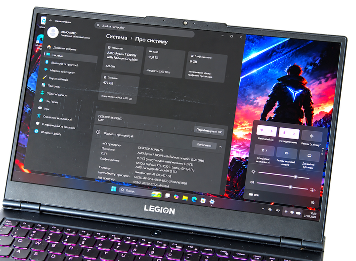 Ноутбук Lenovo Legion 5 15ACH6 (82JW) Ryzen 7 5800H RTX 3050 Ti 4GB 16GB DDR4 NVMe 512GB 15.6" FHD 165Hz Графіт Б/У - Фото 3 Ноутбук Lenovo Legion 5 15ACH6 (82JW) Ryzen 7 5800H RTX 3050 Ti 4GB 16GB DDR4 NVMe 512GB 15.6" FHD 165Hz Графіт Б/У - изображение 3
