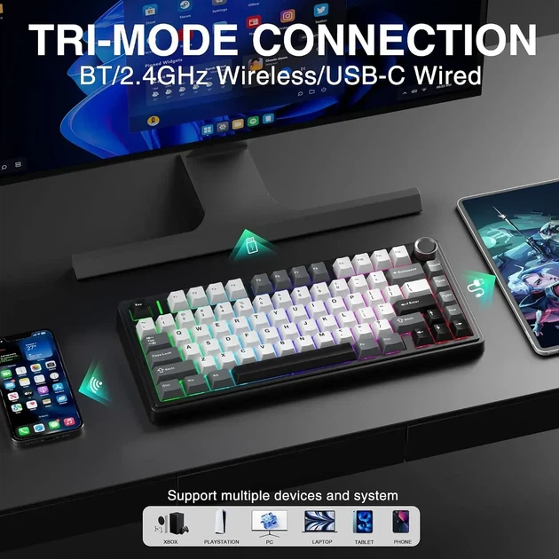 Магнітна клавіатура Aula F75 HE Black Grey White, Hall Effect, Rapid Trigger, 8000 Гц опитування, RGB підсвічування - Фото 7 Магнітна клавіатура Aula F75 HE Black Grey White, Hall Effect, Rapid Trigger, 8000 Гц опитування, RGB підсвічування - зображення 7