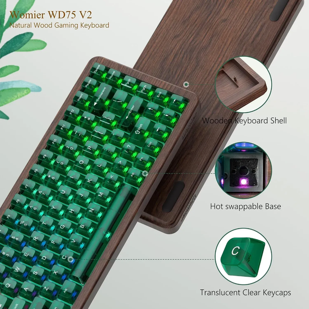 Беспроводная механическая клавиатура Womier WD75 V2 Green, корпус из натурального дерева, 75%, RGB подсветки 2.4G/Bluetooth/USB - Фото 6 Беспроводная механическая клавиатура Womier WD75 V2 Green, корпус из натурального дерева, 75%, RGB подсветки 2.4G/Bluetooth/USB - изображение 6