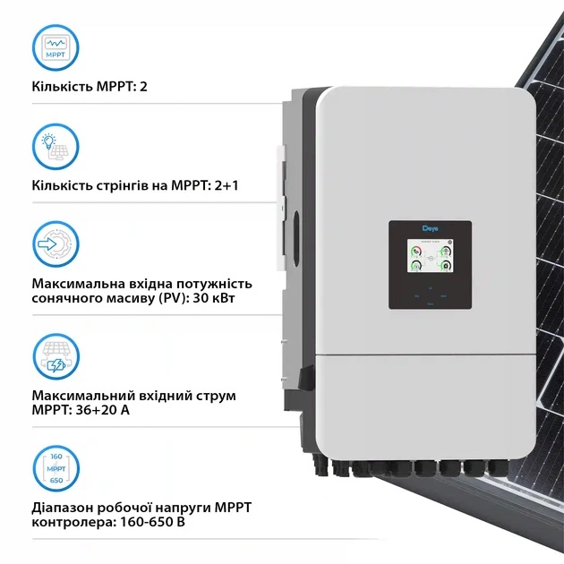 Гібридний інвертор DEYE SUN-20K-SG05LP3-EU-SM2 20KW 48V 2 MPPT Wi-Fi 220/380V Трифазний - Фото 4 Гібридний інвертор DEYE SUN-20K-SG05LP3-EU-SM2 20KW 48V 2 MPPT Wi-Fi 220/380V Трифазний - зображення 4