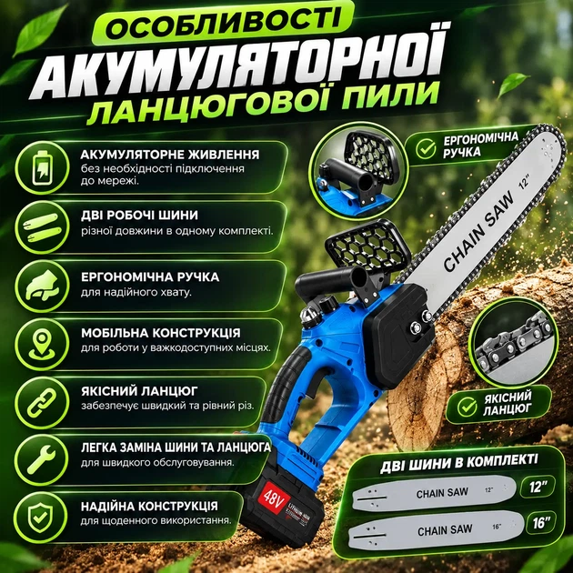 Акумуляторна ланцюгова пила VOLLYX 2в1 12″ 16″ 2 АКБ електропила садова ручна для обрізання дерев гілок кущів розпилювання дров дощок деревини - зображення 3