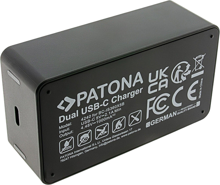 Зарядний пристрій PATONA Dual Charger with USB-C Cable для Insta360 X5 (CINSBAHA) (4055655252331) - Фото 4 Зарядний пристрій PATONA Dual Charger with USB-C Cable для Insta360 X5 (CINSBAHA) (4055655252331) - зображення 4