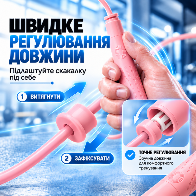 Скоростная скакалка APX 402, 2.8 м, регулируемая, для тренировок, силиконовые ручки, двойные шариковые подшипники, розовая - изображение 5