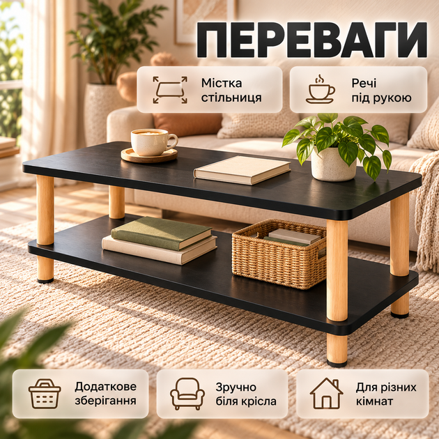 Прямокутний журнальний столик Dash JDL-F-02 40×80×52 см, Компактний приліжковий кавовий стіл з полицею у вітальню для ноутбука, журналів, книг та декору чорний - зображення 2