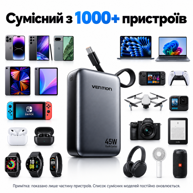 Универсальная батарея Vention 20000mAh 45W PD со встроенным кабелем USB-C Beige (FHGN0) - изображение 7