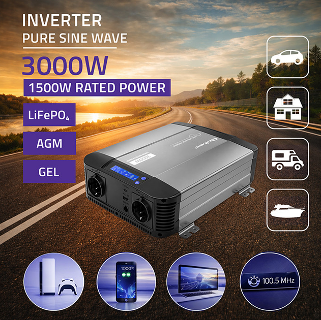 Инвертор 12В-230В 1500/3000Вт LCD-дисплей | USB | USB-C с чистой синусоидой Qoltec - Фото 7 Инвертор 12В-230В 1500/3000Вт LCD-дисплей | USB | USB-C с чистой синусоидой Qoltec - изображение 7