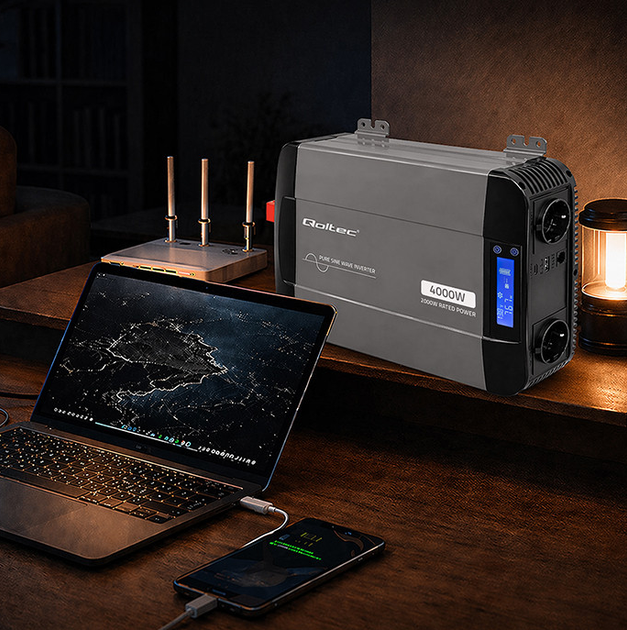 Инвертор 12В-230В 2000/4000Вт LCD-дисплей | USB | USB-C с чистой синусоидой Qoltec - изображение 5