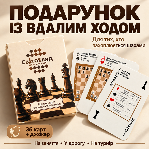 Гральні карти з шаховими дебютами. 36 карт + Джокер - Фото 1 Гральні карти з шаховими дебютами. 36 карт + Джокер - зображення 1