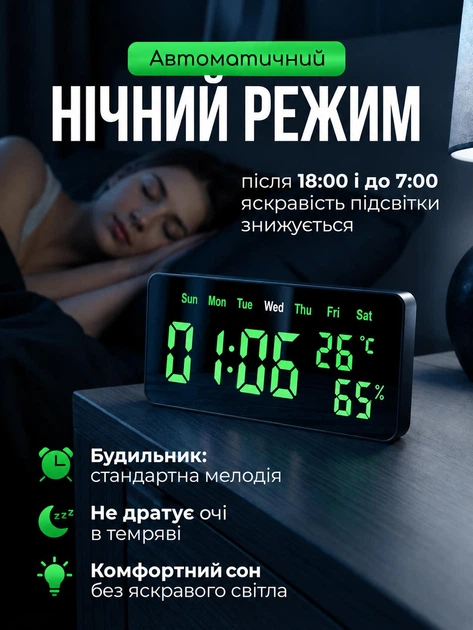 Годинник настільний електронний цифровий смарт мережевий з будильником LED USB будильник з дисплеєм яскравою індикацією відображенням часу температури вологості формат 12/24 години автоматичне регулювання яскравості день тижня гігрометр VST - зображення 3