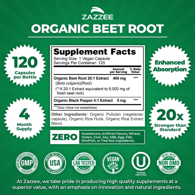 Добавка премиум-класса поддержка оксида азота Zazzee Organic Beet Root 120 капсул - изображение 2