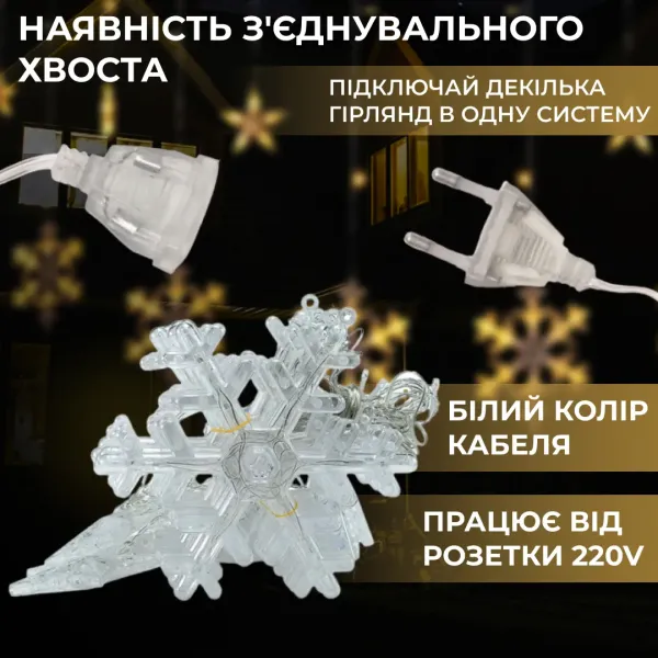Гірлянда-штора Зірки та сніжинки розмір 3*1 м 12 фігур, жовтий(1733063Y)(PR) - Фото 2 Гірлянда-штора Зірки та сніжинки розмір 3*1 м 12 фігур, жовтий(1733063Y)(PR) - изображение 2