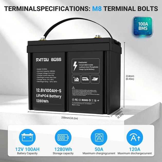 Аккумулятор LifePo4 100Ah 12V 1280Wh DATOU BOSS для ИБП ( Литий железо фосфатный ) BMS (AKBKDB04) - изображение 7