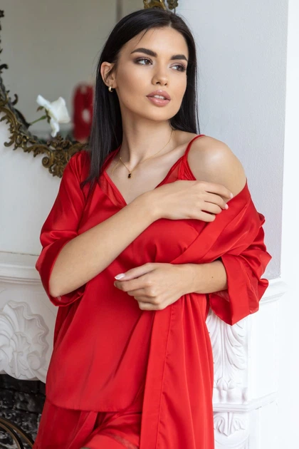 Комплект из шелка пижама с халатом Кк1090п Красный, 3XL (52-54) - изображение 6