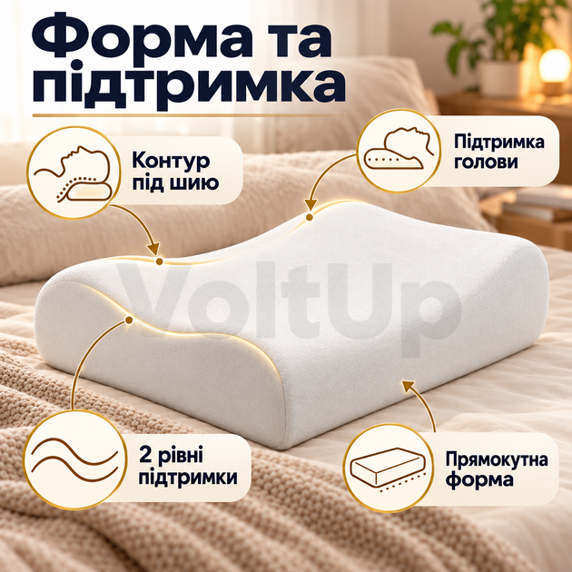 Ортопедическая подушка Memory Pillow 50×30×10 см с эффектом памяти анатомическая белая для сна и поддержки головы и шеи - изображение 3