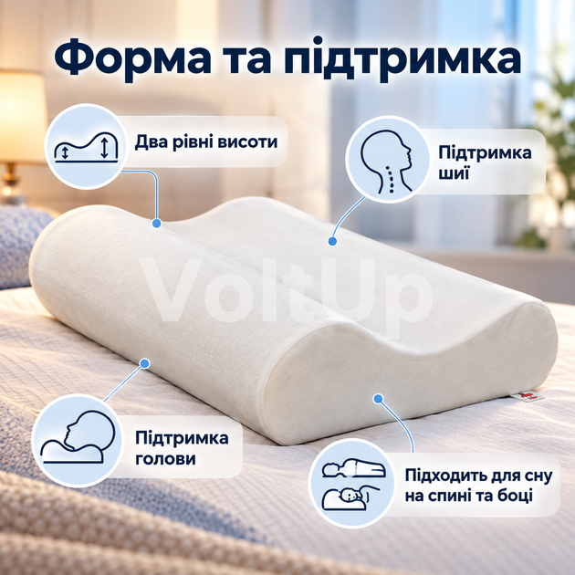 Ортопедическая подушка Memory Pillow SM0156 50×28×10/7 см с эффектом памяти, анатомической пеной и съемной хлопковой наволочкой - изображение 4