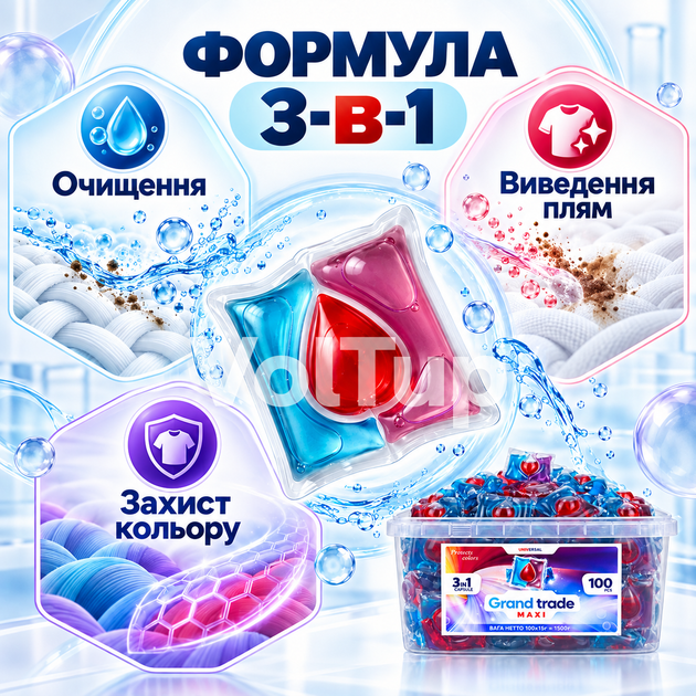 Капсули для прання GRAND TRADE MAXI Universal 100 шт 3 в 1, гелеві капсули для білого та кольорового одягу - Фото 2 Капсули для прання GRAND TRADE MAXI Universal 100 шт 3 в 1, гелеві капсули для білого та кольорового одягу - зображення 2