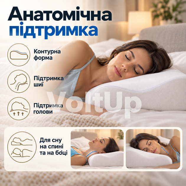 Ортопедическая подушка Memory Pillow 47×30×10/7 см с эффектом памяти, анатомической пеной и съемной хлопковой наволочкой - Фото 4 Ортопедическая подушка Memory Pillow 47×30×10/7 см с эффектом памяти, анатомической пеной и съемной хлопковой наволочкой - изображение 4