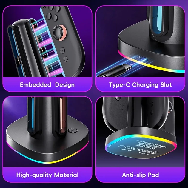 Зарядная станция MARSDOCK 4 в 1 для Nintendo Switch 2 и Joy-Con 2, магнитная быстрая зарядка, RGB-подсветка - изображение 3