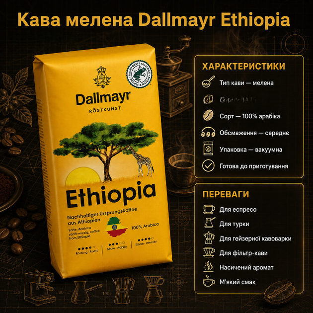 Мелена кава Dallmayr Ethiopia 515 г арабіка 100% натуральна середнього обсмажування ароматна у вакуумній упаковці фруктові квіткові відтінки збалансований м’який смак легка кислинка тривалий післясмак - Фото 3 Мелена кава Dallmayr Ethiopia 515 г арабіка 100% натуральна середнього обсмажування ароматна у вакуумній упаковці фруктові квіткові відтінки збалансований м’який смак легка кислинка тривалий післясмак - зображення 3