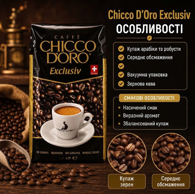 Зернова кава 1015 г Chicco d'Oro Exclusiv купаж арабіки робусти середнє обсмаження насичена кава з кофеїном 1 кг для еспресо кавомашини капучино лате американо вакуумне пакування - зображення 5