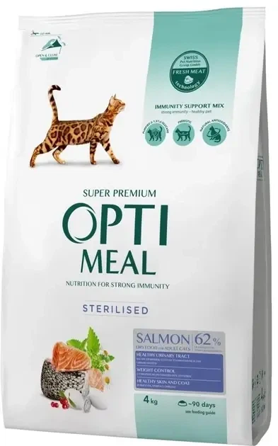 Сухий корм Optimeal Sterilised для стерилізованих кішок та кастрованих котів з лососем 4 кг - Фото 1 Сухий корм Optimeal Sterilised для стерилізованих кішок та кастрованих котів з лососем 4 кг - зображення 1