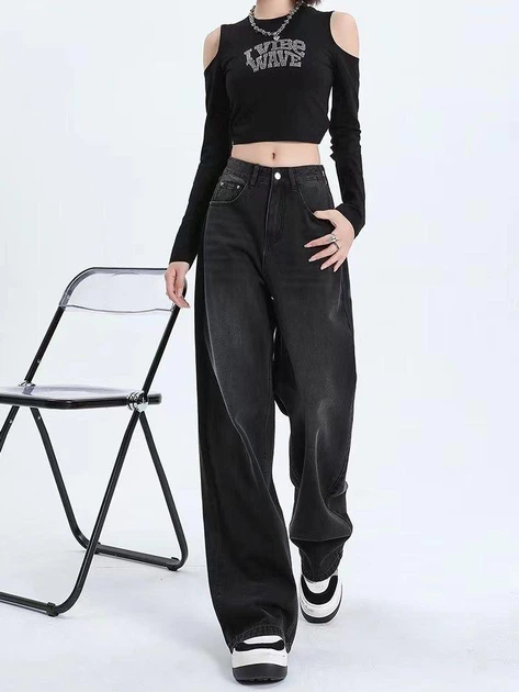 Молодіжні жіночі широкі джинси-баггі (baggy jeans) Розмір М No Brand графітово-чорні з ефектом потертості (2022-14) - Фото 4 Молодіжні жіночі широкі джинси-баггі (baggy jeans) Розмір М No Brand графітово-чорні з ефектом потертості (2022-14) - зображення 4