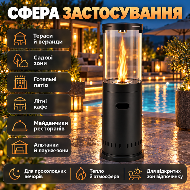 Уличный газовый обогреватель Gordon 11 кВт 134 см на газовый баллон со стеклянным экраном черный - изображение 3