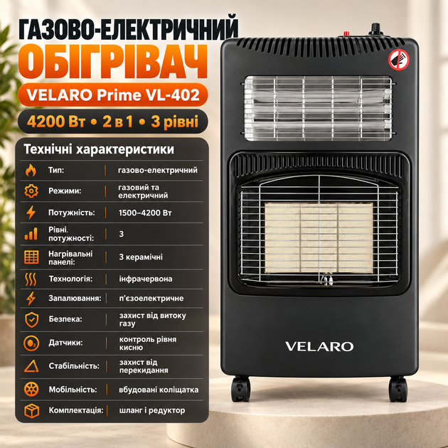 Газовый нагреватель 2 в 1 Velaro 4200 Вт обогреватель на газу керамический под баллон с редуктором - изображение 3
