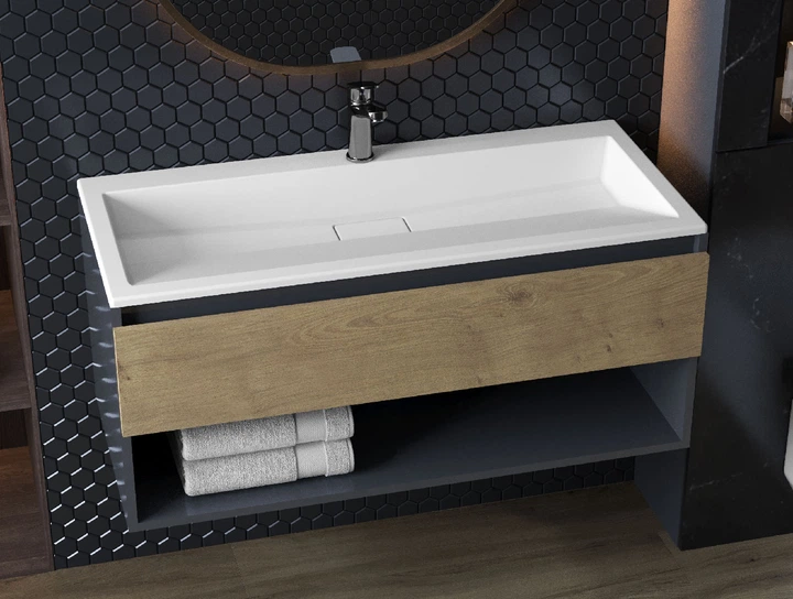 Тумба лакированная, подвесная Luxor Bianko 100 Дуб, с умывальником Loft Low 100 - изображение 3