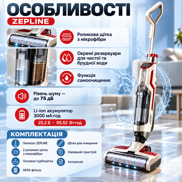 Бездротовий мийний пилосос ZEPLINE 180 Вт вертикальний акумуляторний для сухого та вологого прибирання 5,5 кПа з самоочищенням роликовою щіткою баками 700/500 мл до 45 хв - зображення 2