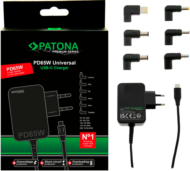 Zasilacz ładowarka do laptopa PATONA Univwrsal PD65W 5V/3A 9V/3A 12V/3A 15V/3A 20V/3.25A USB-C do Asus / Lenovo / Dell (4055655240345) - obraz 2