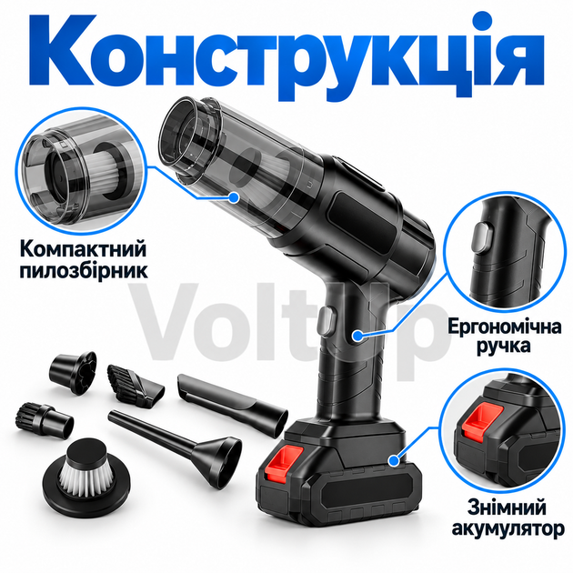Автомобильный аккумуляторный пылесос ART-0118 PM 251 120 Вт 5000 Па с 6 насадками для авто и дома - изображение 5
