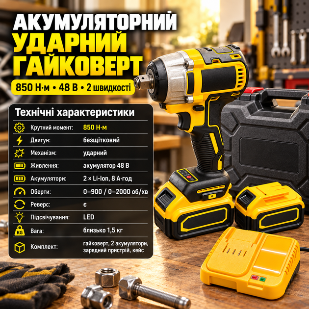 Гайковерт аккумуляторный ударный в кейсе безщеточный для авто с LED-подсветкой для колес мощный 850 Нм с 2 аккумуляторами - Фото 2 Гайковерт аккумуляторный ударный в кейсе безщеточный для авто с LED-подсветкой для колес мощный 850 Нм с 2 аккумуляторами - изображение 2